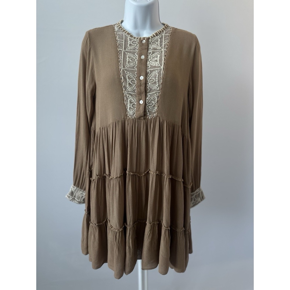 NWT!  Tan Lace-Bib Button-Front Dress by Velzera, Sz: M (b1) Prairie Cottagecore